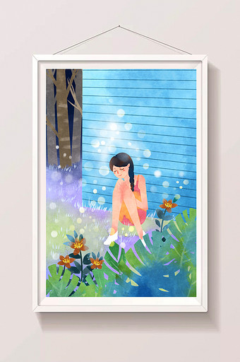 蓝色水彩仲夏夜女孩在院子歇息插画图片