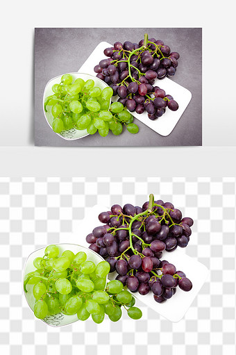 新鲜俯拍青紫葡萄高清免抠透底水果元素图片