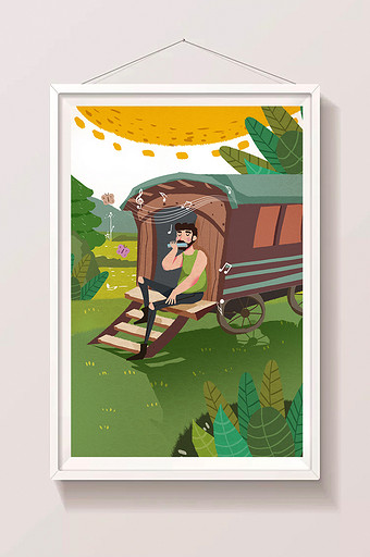 卡通唯美夏季小暑大暑夏天旅行口琴树林插画图片