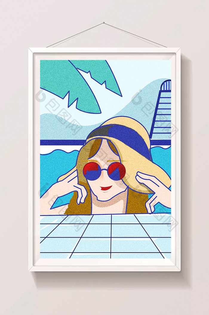 夏季彩色女孩游泳插画