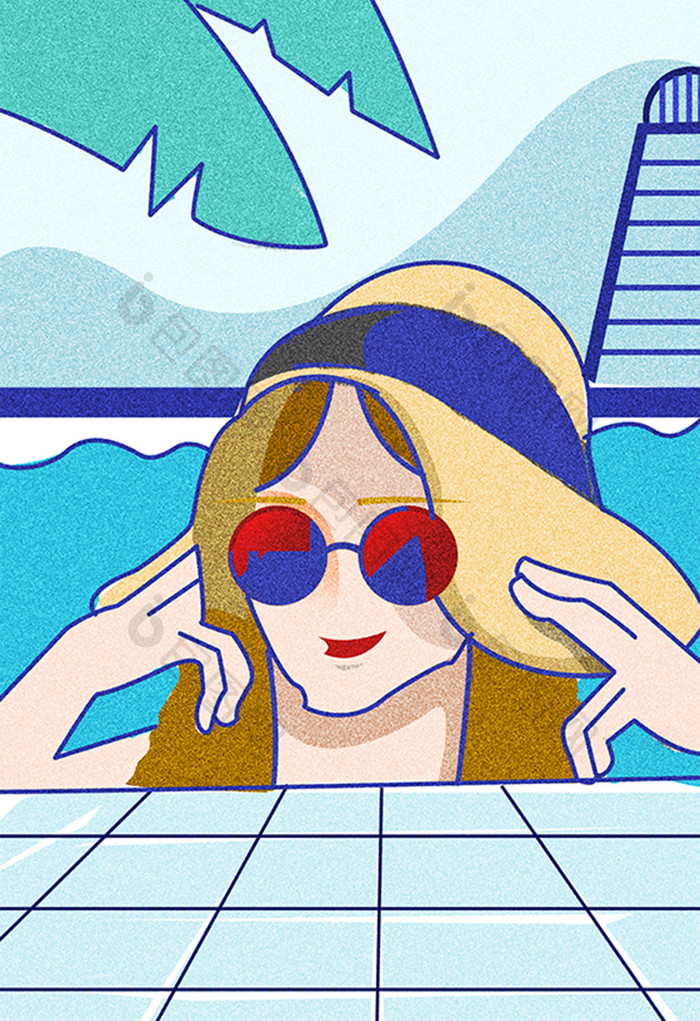 夏季彩色女孩游泳插画