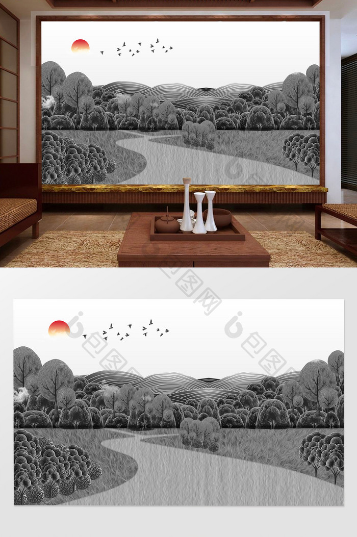 新中式山林风景电视背景墙