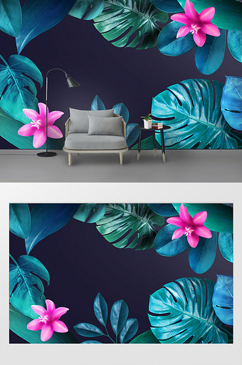 夏日清爽静谧热带植物花朵电视背景墙图片