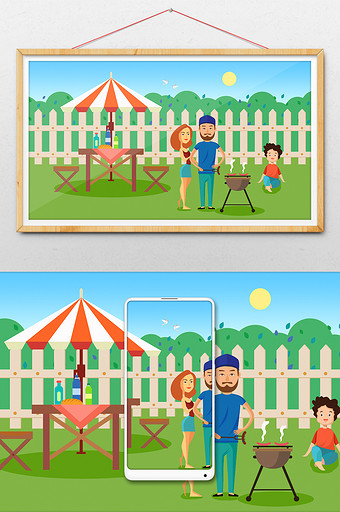 扁平风格家人野外烧烤暑假生活插画图片