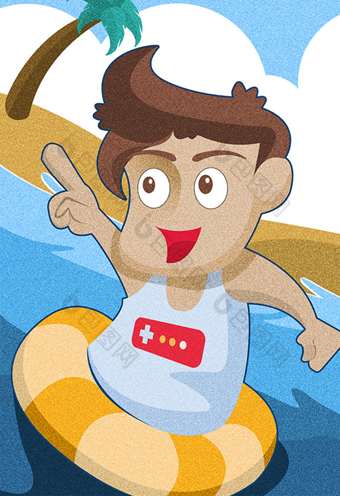 彩色夏季海边男孩游泳插画