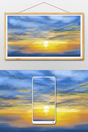 夕阳日出清新海边夏日背景背景风景水彩手绘