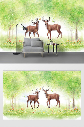 北欧手绘麋鹿森林客厅电视背景墙图片