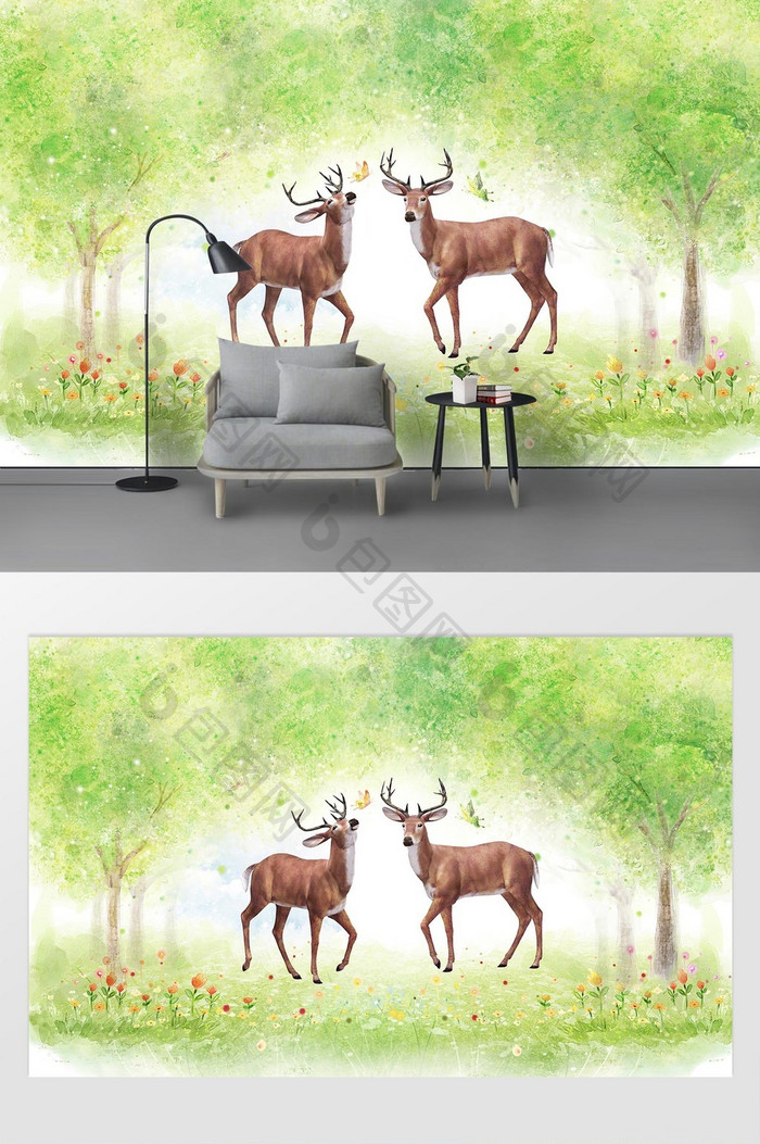 北欧手绘麋鹿森林客厅电视背景墙