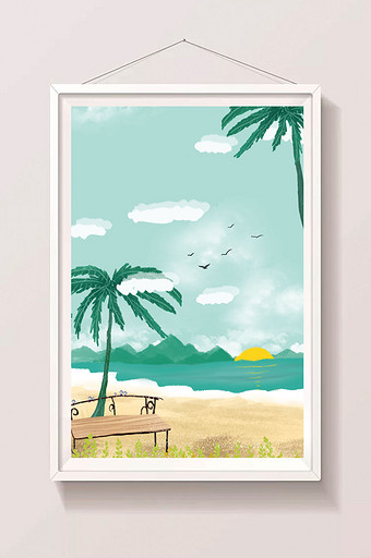 唯美小清新夏日海边沙滩椰子树长椅休闲时光图片