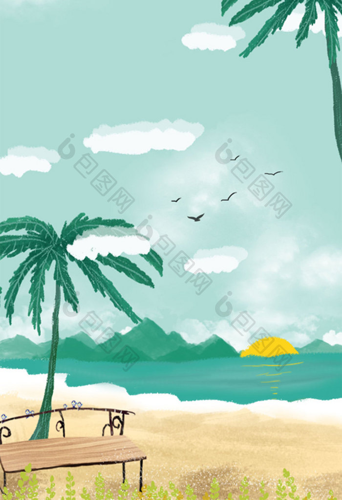 唯美小清新夏日海边沙滩椰子树长椅休闲时光