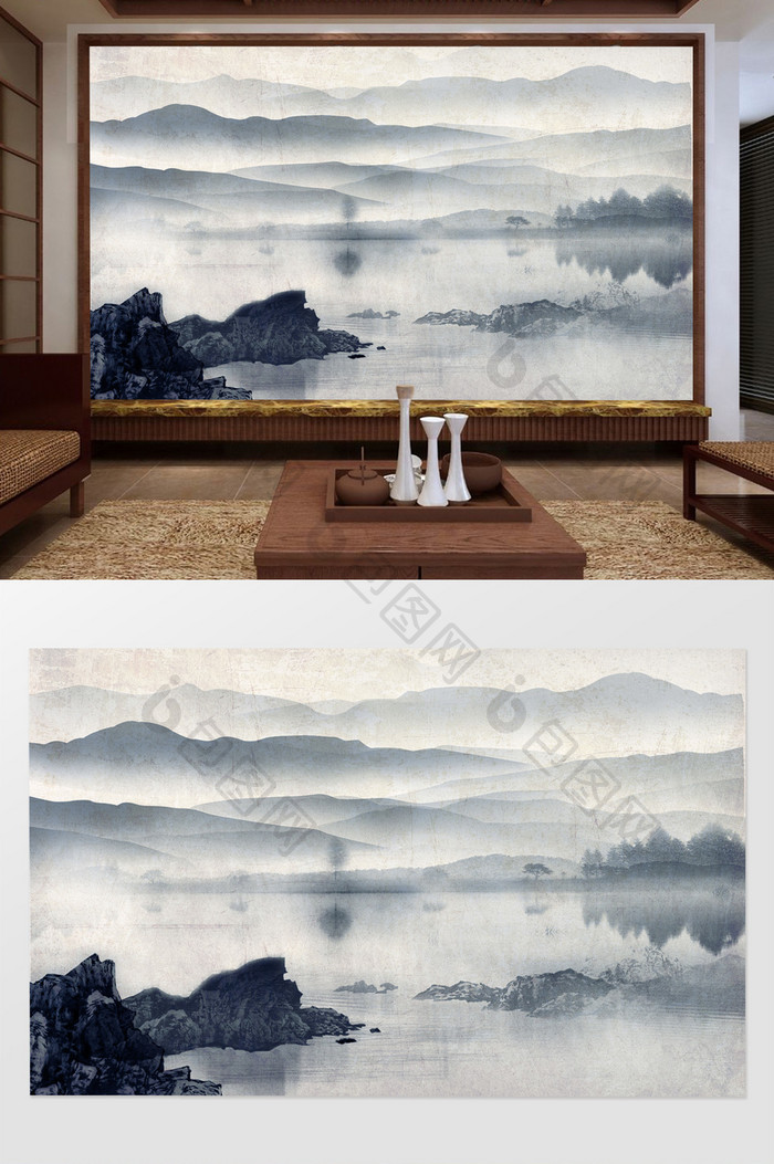 新中式水墨墨青山水浓雾背景墙装饰定制