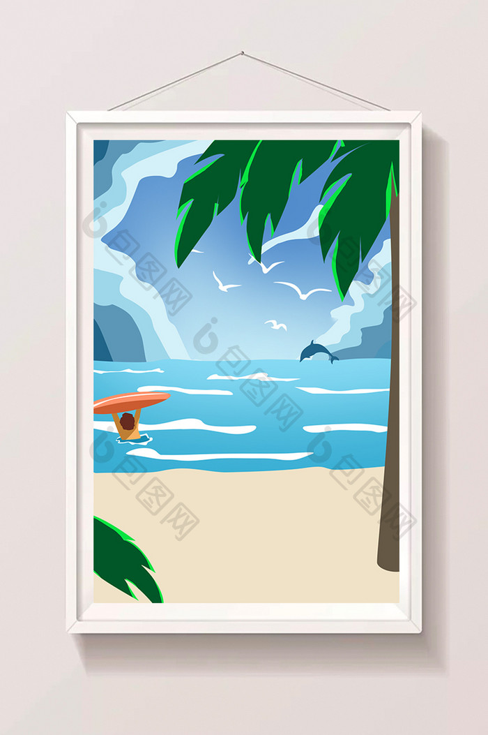 卡通沙滩大海椰树风景
