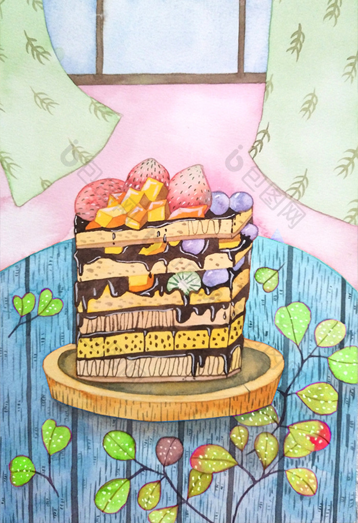 手绘小清新水彩水果蛋糕甜品插画