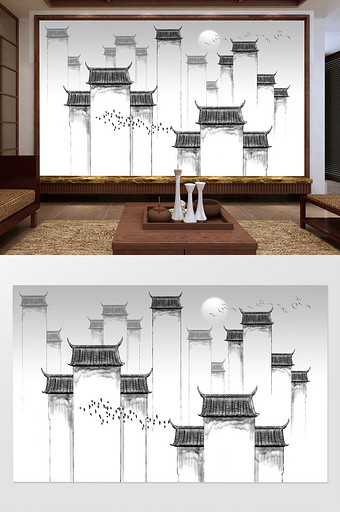 原创新中式手绘水墨江南建筑背景墙图片