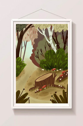 夏天童话森林里的一角手绘插画背景