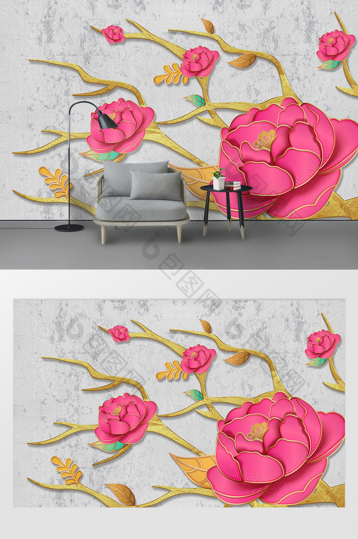 现代简约石纹手绘花开富贵花朵电视背景墙