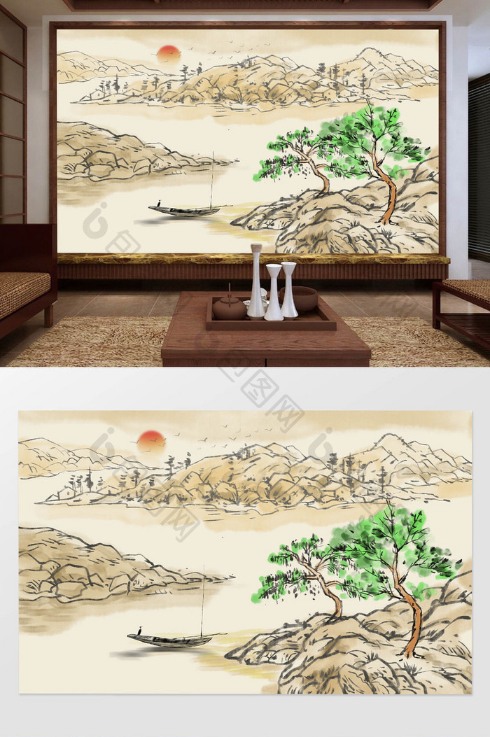 原创中式手绘古典山水画背景墙.
