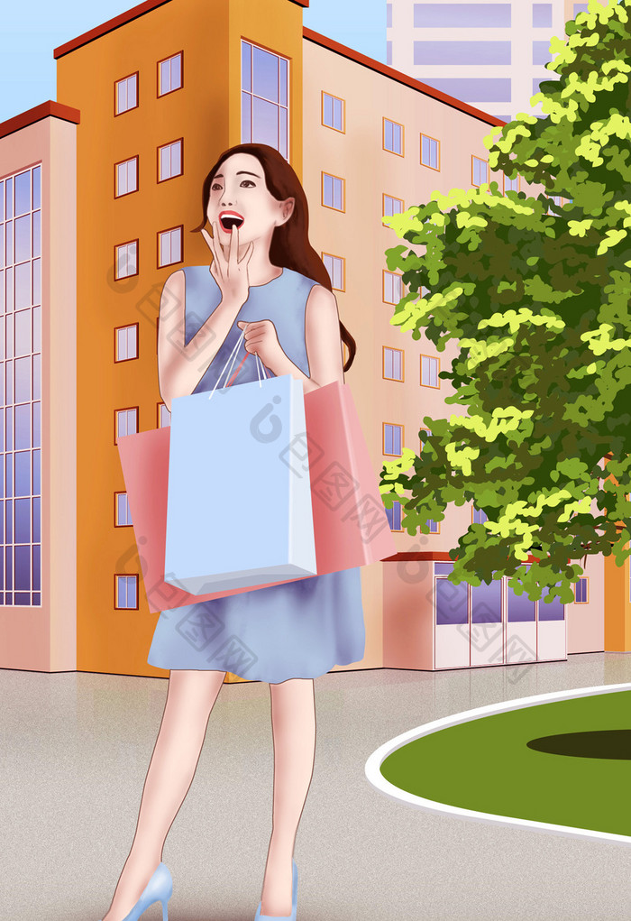 小清新时尚女性疯狂购物城市建筑背景插画