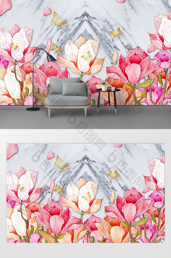 欧式唯美淡雅珍珠花卉3d立体电视背景墙