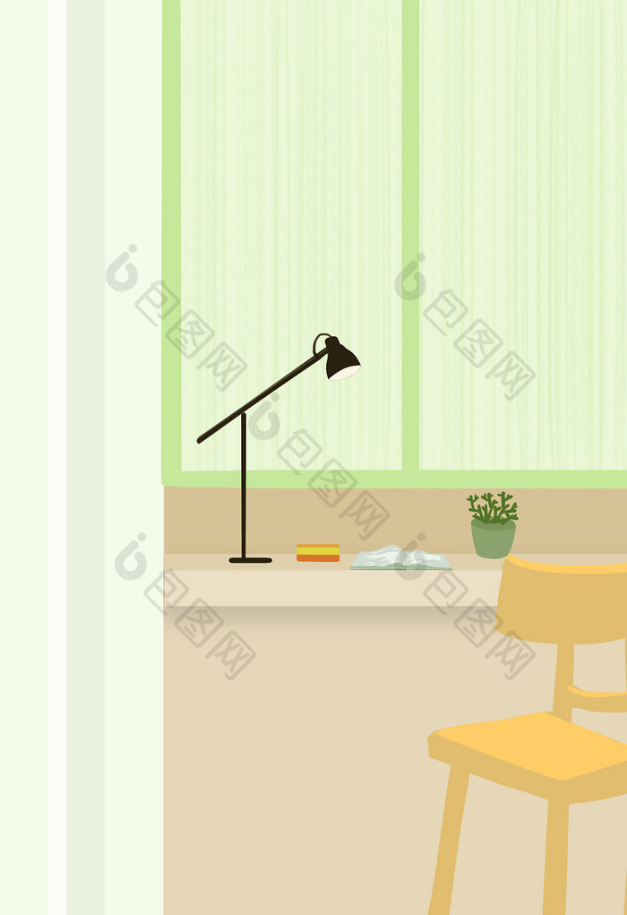 浅绿色调安静书桌一角扁平插画背景