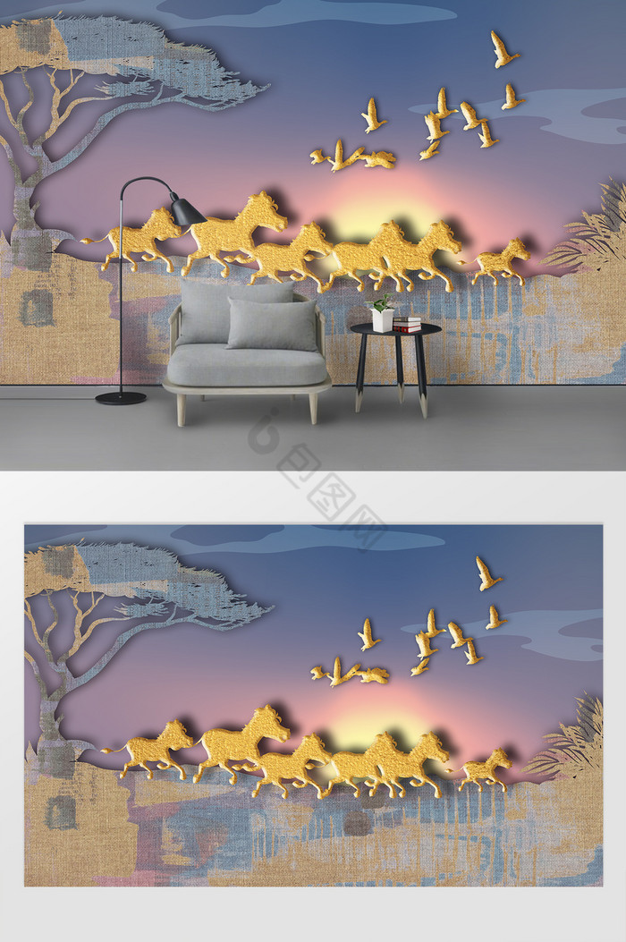 抽象风景大树意境飞鸟群马金色背景墙装饰画图片