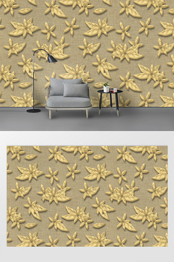 3d立体金色叶子花卉浮雕电视背景墙图片