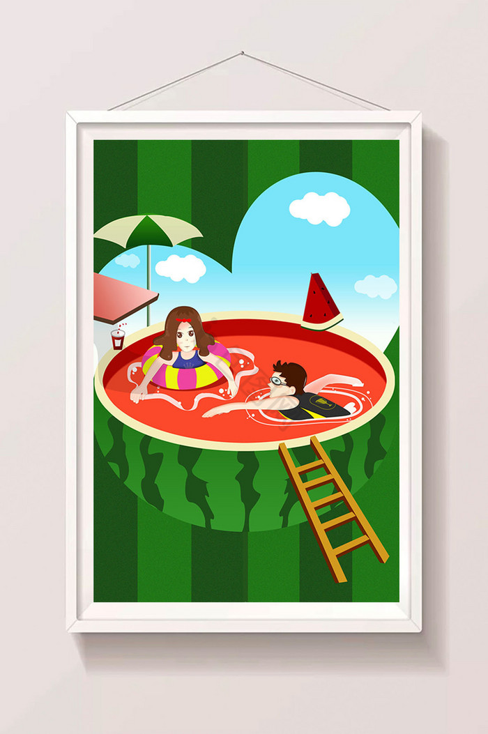 纯色夏季西瓜泳池派对插画图片