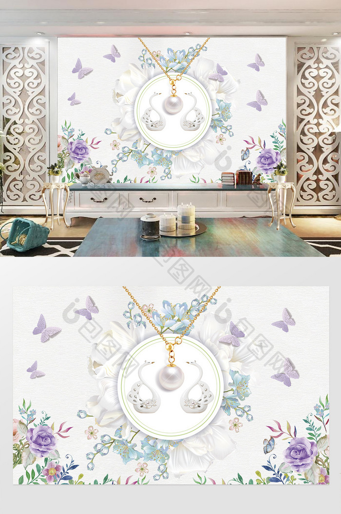 中式唯美珍珠花朵蝴蝶瓷天鹅背景墙