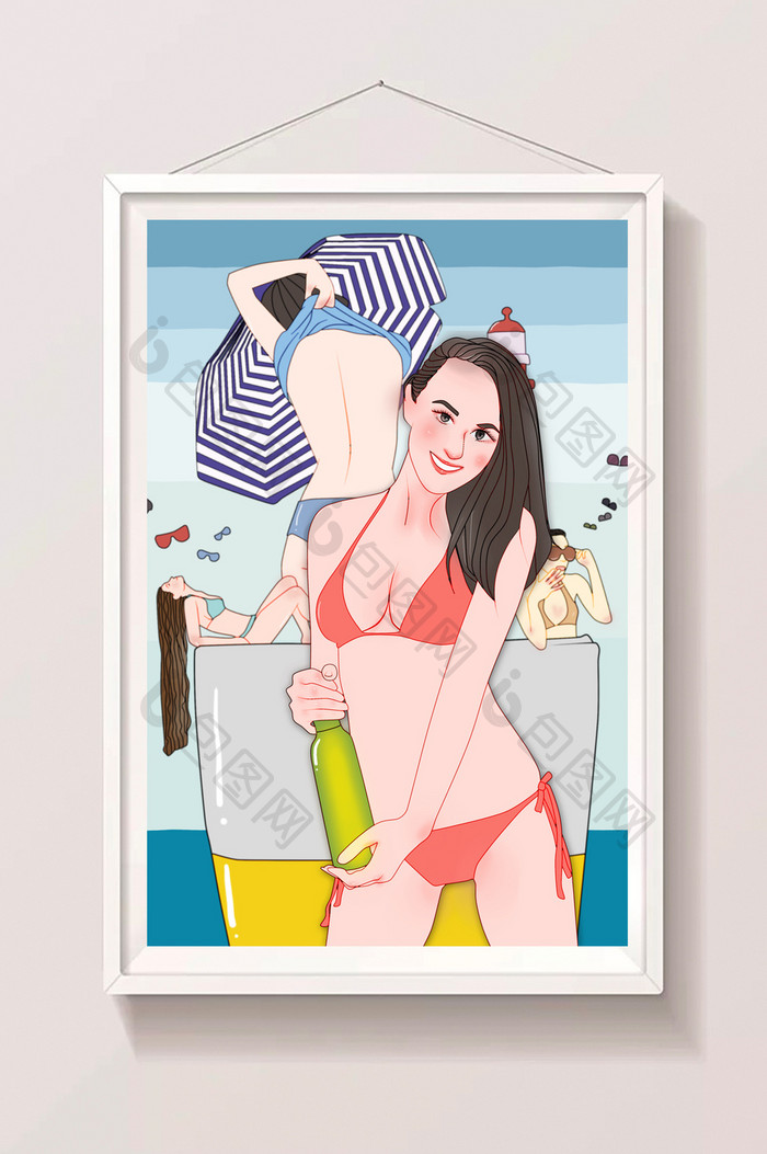 夏日沙滩啤酒美女比基尼清新唯美插画