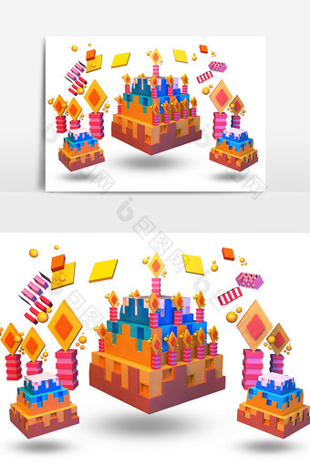C4D原创创意立体生日蛋糕周年庆蛋糕元素图片