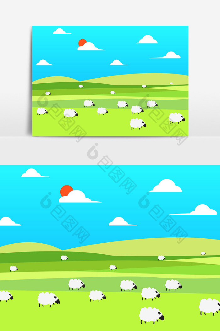 卡通手绘草原羊群多元素图案素材