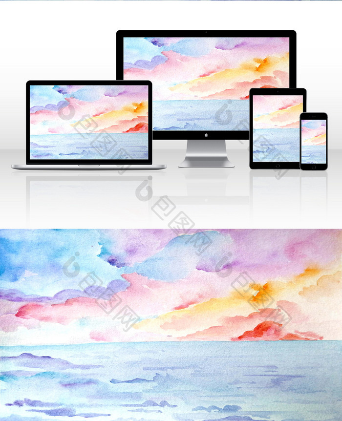 蓝色夏日素材手绘唯美风景清新水彩】图片下载-包图网