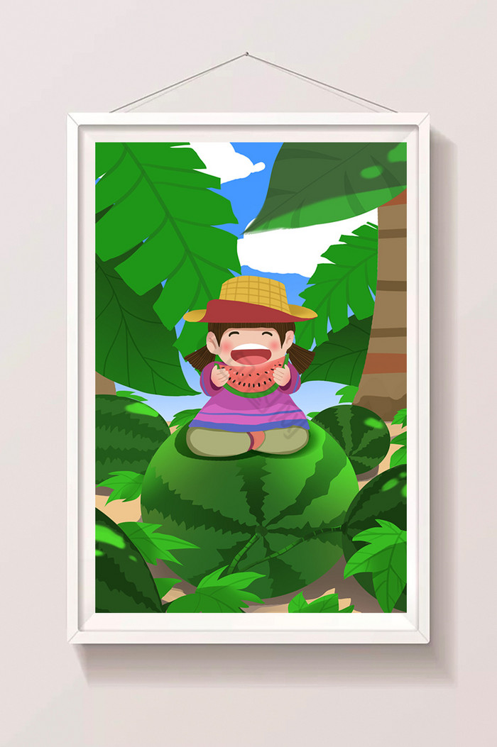 温馨暑期西瓜地里小女孩吃西瓜插画图片