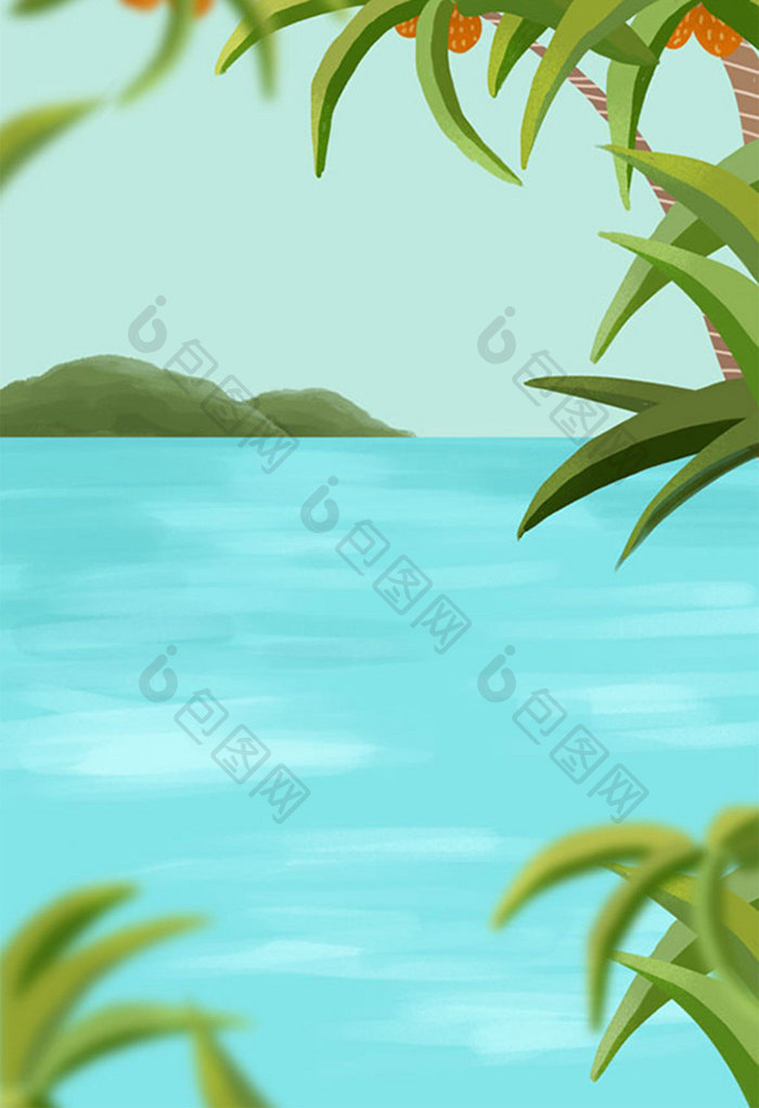 唯美清新夏季插画海边风景海报手绘背景下载
