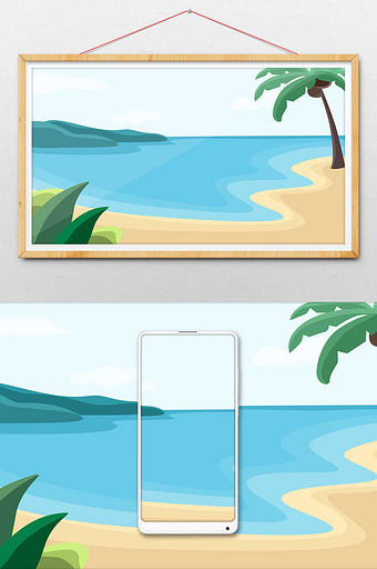 蓝色海边沙滩卡通扁平化风景海报背景手绘图图片