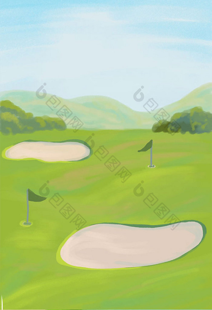 绿色高尔夫球场简约海报背景手绘插画