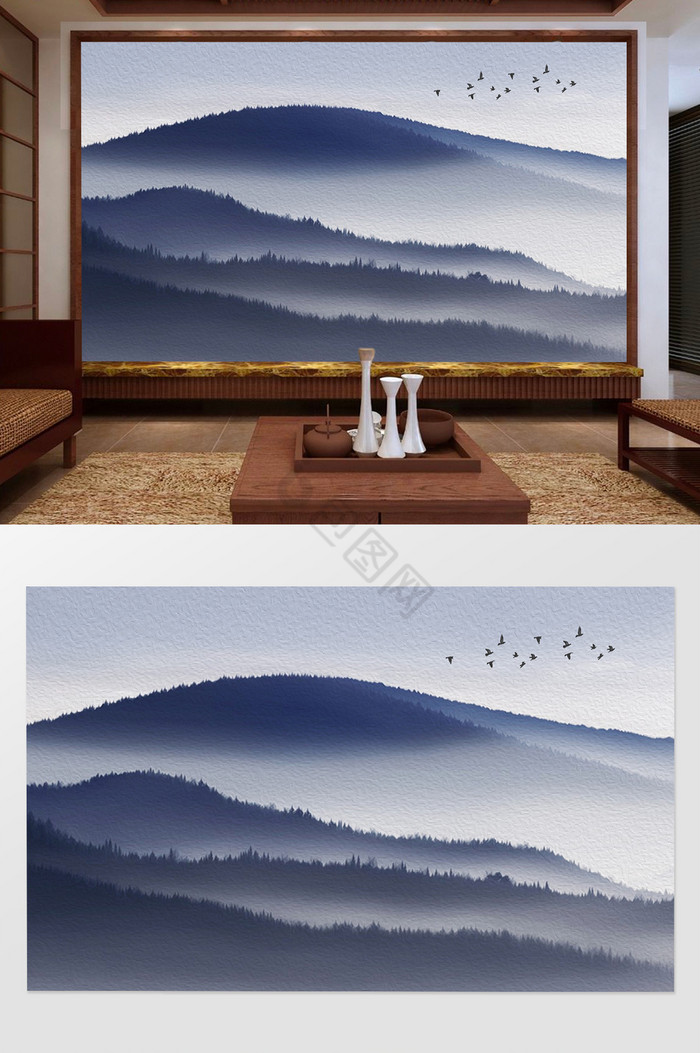 新中式意境层山背景墙图片