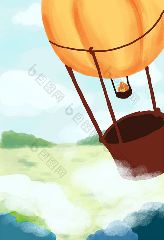 暑假旅游风景热气球元素海报手绘插画