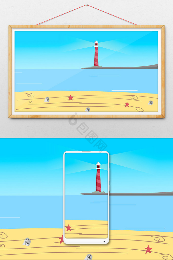 海边灯塔风景插画图片