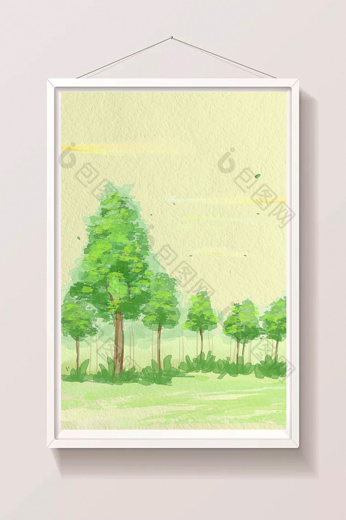 绿色清新唯美水彩纹理质感树木插画背景