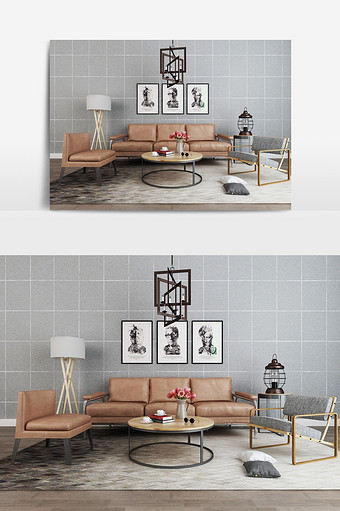 现代橙色沙发组合模型图片