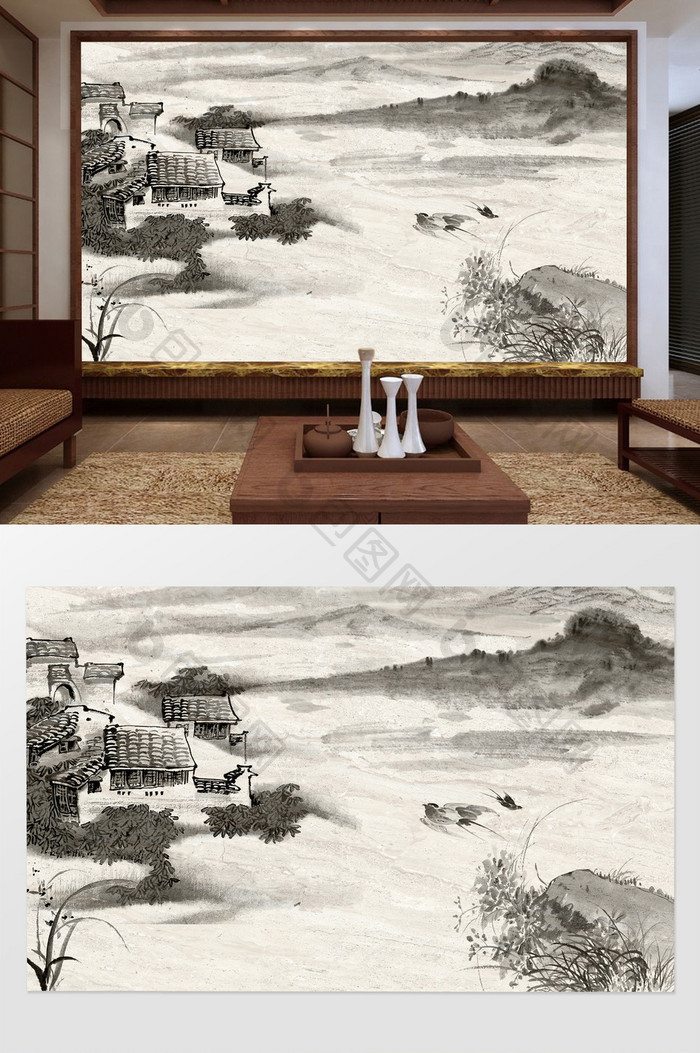 新中式水墨幽居戏鸟图背景墙装饰定制