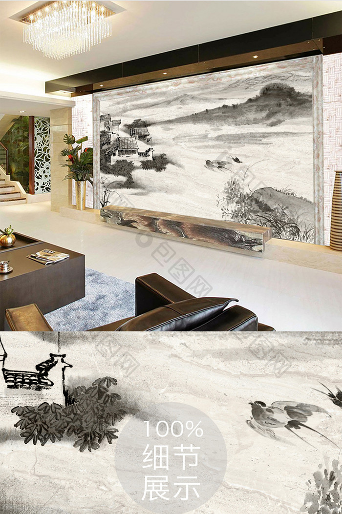 新中式水墨幽居戏鸟图背景墙装饰定制