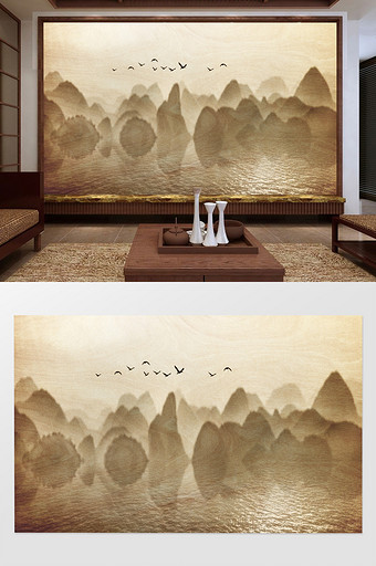 新中式水墨高清山水倒影背景墙装饰定制图片