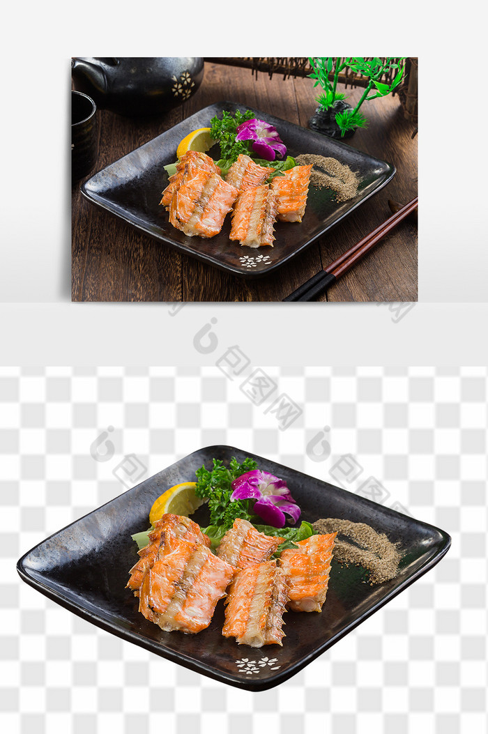 盐烤三文鱼骨日式料理图片图片