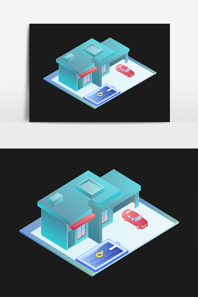 卡通等距房子度假别墅游泳池矢量元素