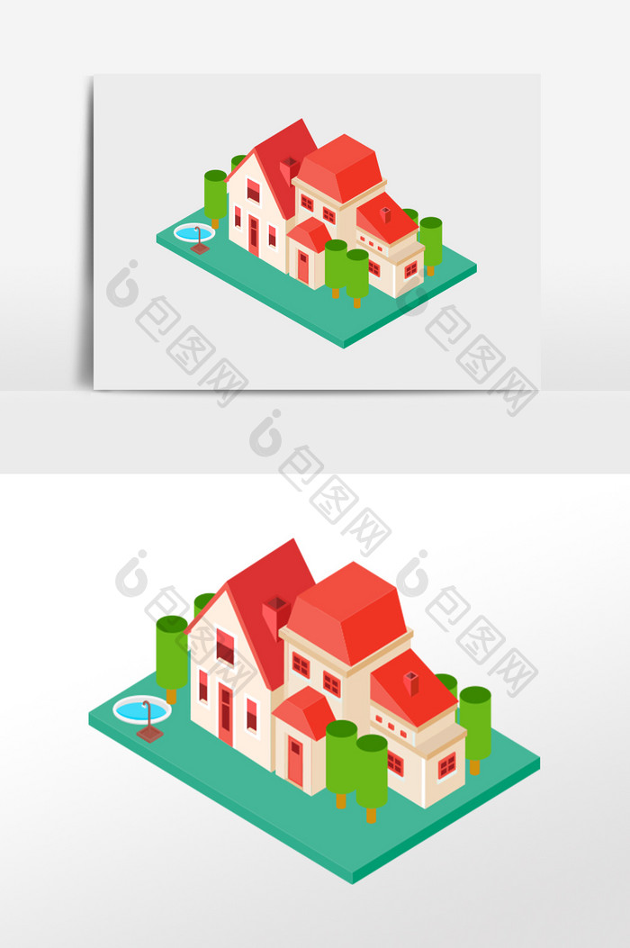 卡通清新等距房子建筑别墅矢量元素
