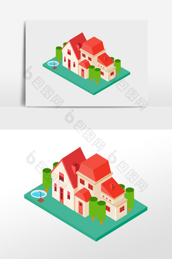 卡通清新等距房子建筑别墅矢量元素图片