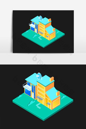 卡通等距手绘扁平房屋建筑矢量元素图片