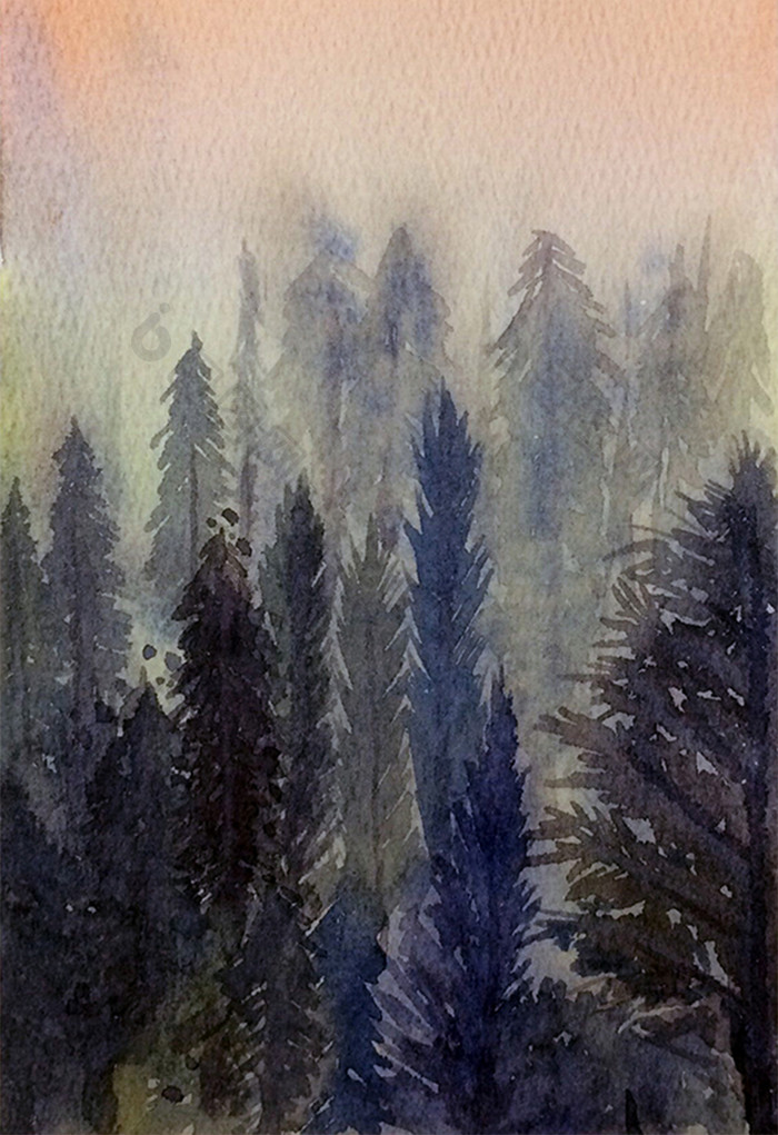 蓝色夏日针叶林素材手绘背景风景清新水彩